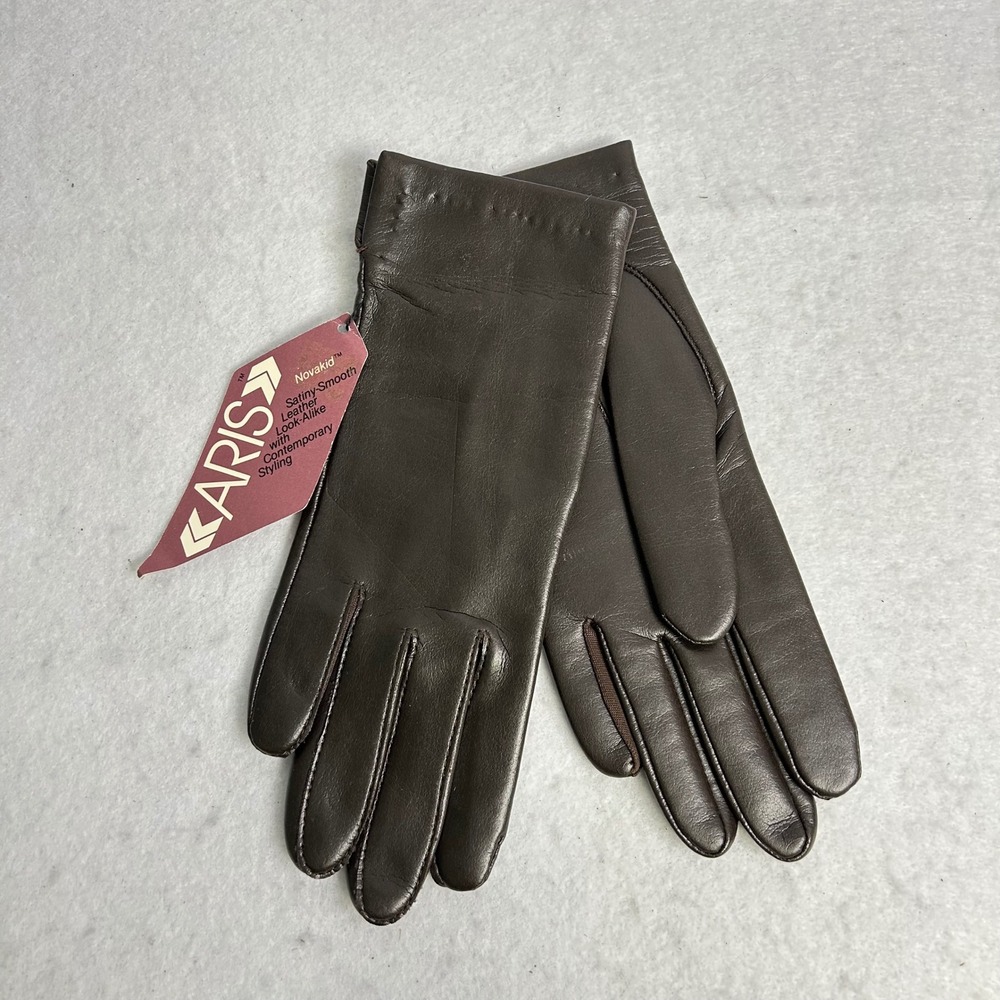 Vintage Aris Novakid‎ Womens Small Brown Satiny Leather Look Dress Gloves NWT